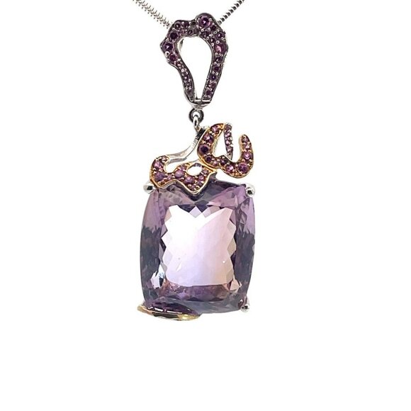 41 carat Amethyst with Garnet Set in Sterling silver on 18 inch Sterling Chain